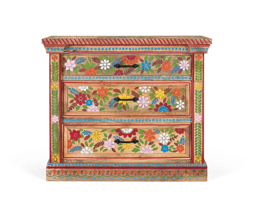 Cassettiera a tre cassetti realizzata in legno di mango dipinto a mano