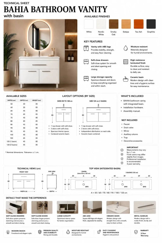 Mobile bagno con lavabo ORIGENBATH BAHIA senza specchio 100x45 cm estepa con colonna