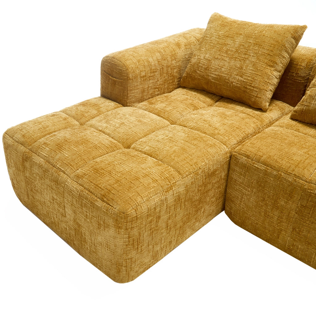 Divano modulare ad angolo 3 Posti con chaise longue Tasche laterali e 3 Cuscini in Ciniglia Giallo 250 × 158 × 60 cm