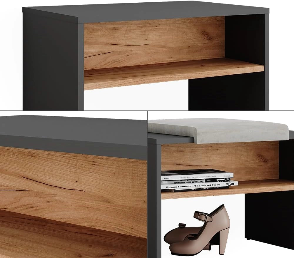 Panca per scarpe Orlando, Antracite/quercia dorata, 60 x 60 cm, per riporre le scarpe e come seduta