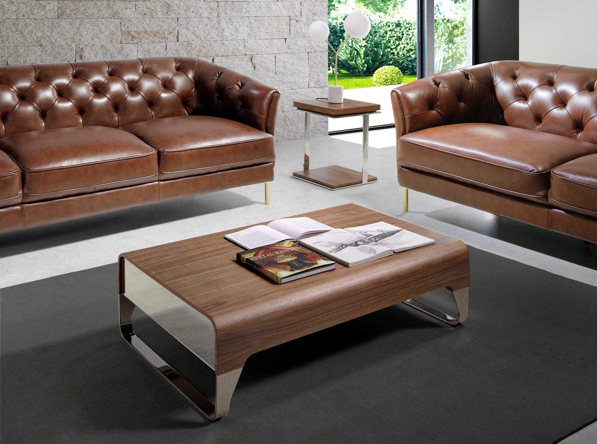 Tavolino rettangolare in noce e acciaio cromato