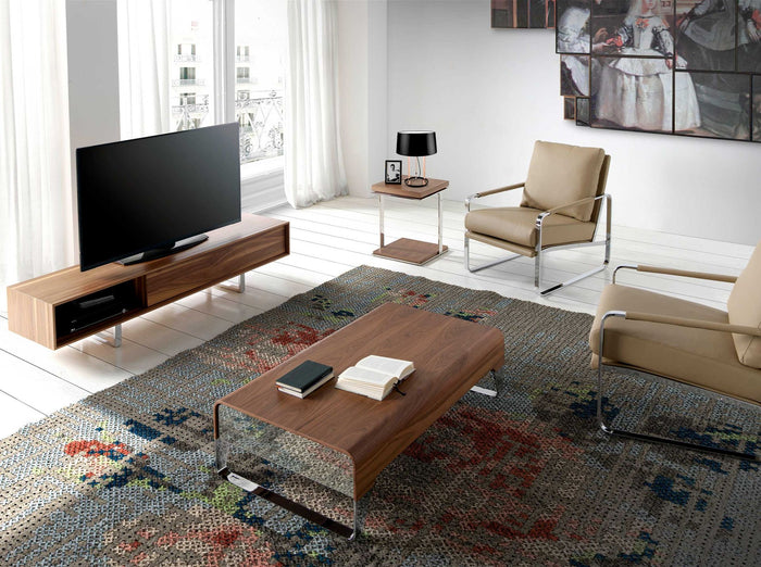 Tavolino rettangolare in noce e acciaio cromato