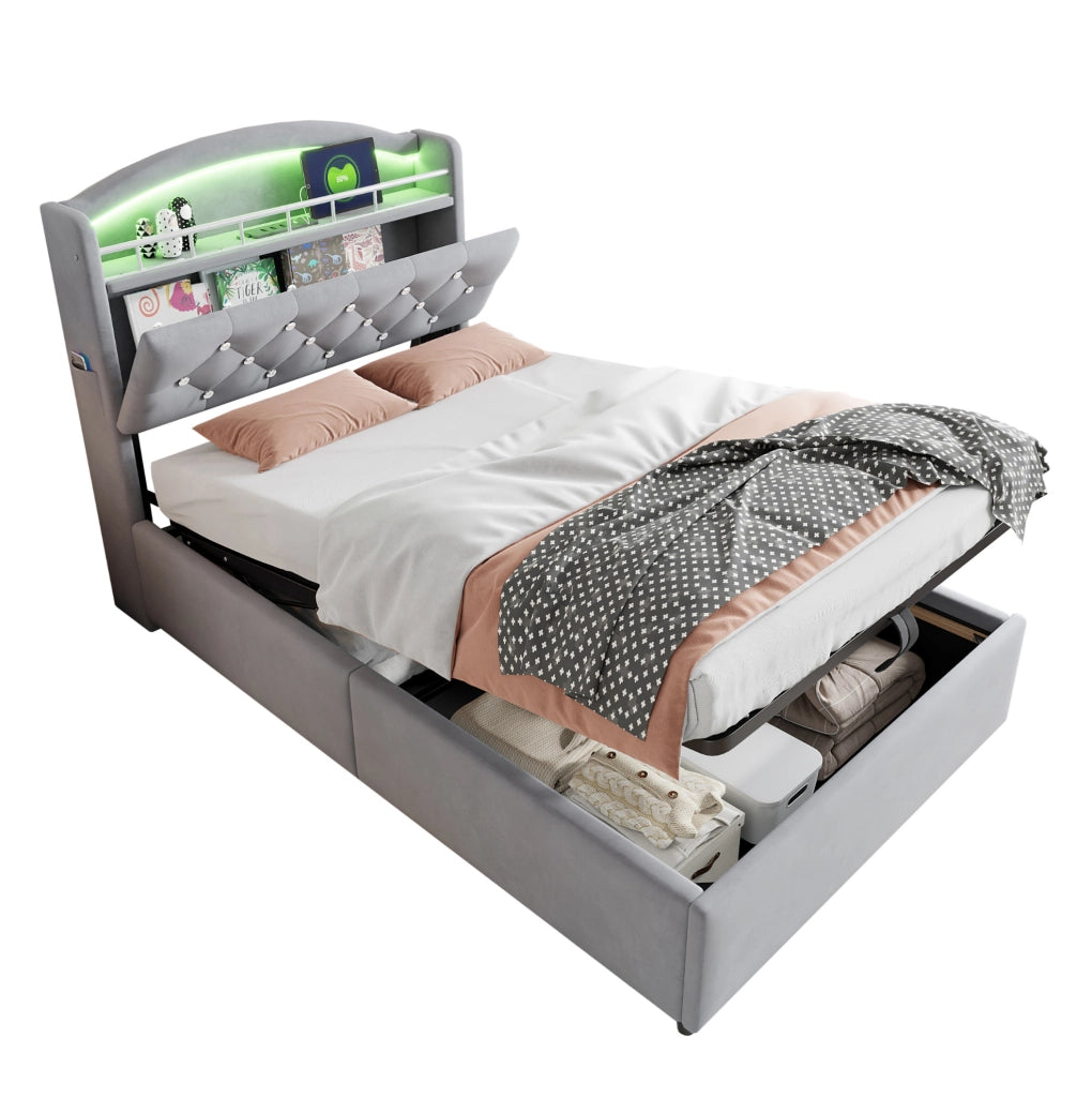 Letto imbottito 90x200 cm con contenitore; LED e USB in velluto grigio