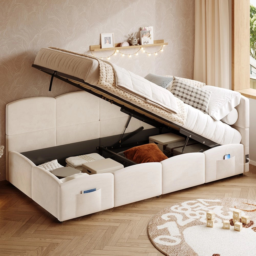 Letto Singolo Imbottito Contenitore con Rete a Doghe ¨C Xylo ¨C Velluto Beige 90x190