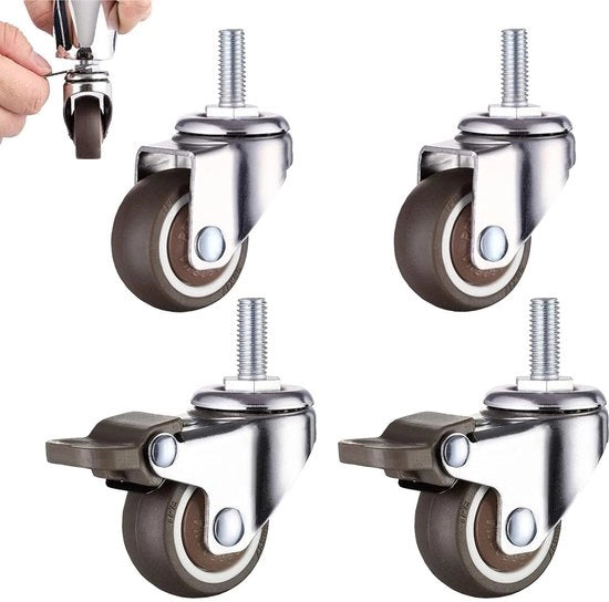Set di ruote di sostegno in gomma 4 pezzi - 25 mm silenziose - M6 a vite - 2 ruote con freno - 2 ruote senza freno - ruote in gomma - ruote per mobili