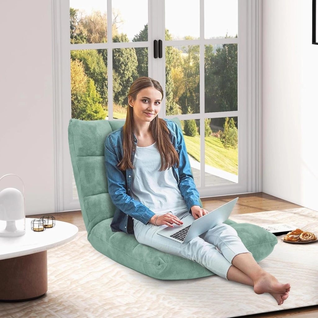 Sedia da Pavimento, Poltrona Imbottita Regolabile in 14 Posizioni 90°-180°, Cuscino da Terra Pighevole Imbottito, Sedia Reclinabile per Relax, Yoga, Lettura (Verde)
