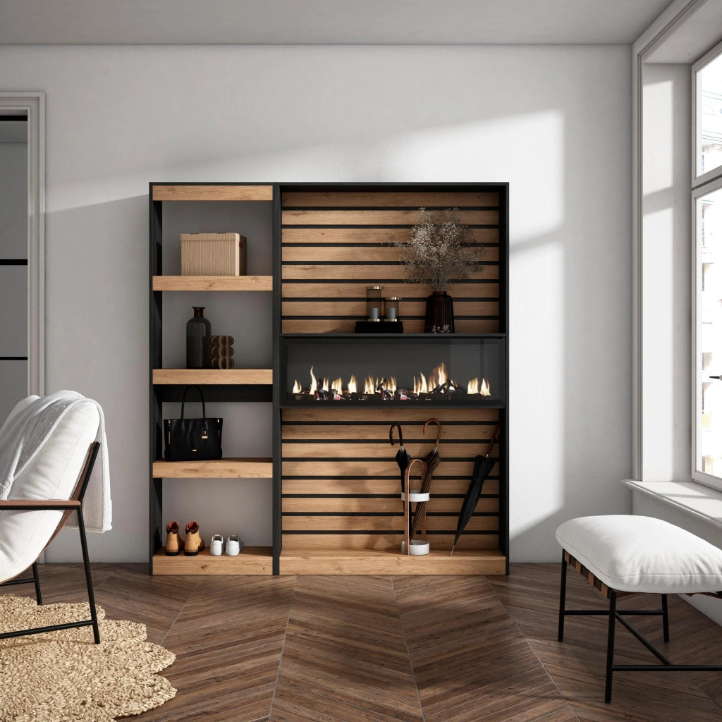Libreria scaffale, 170x25x186cm, Soggiorno - Ufficio, Camino elettrico, colore Rovere e nero RF2341