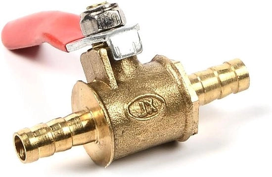 Adattatore di connessione per acqua gas olio 6mm con valvola a palline e chiusura a vite con guaina di protezione per tubi.