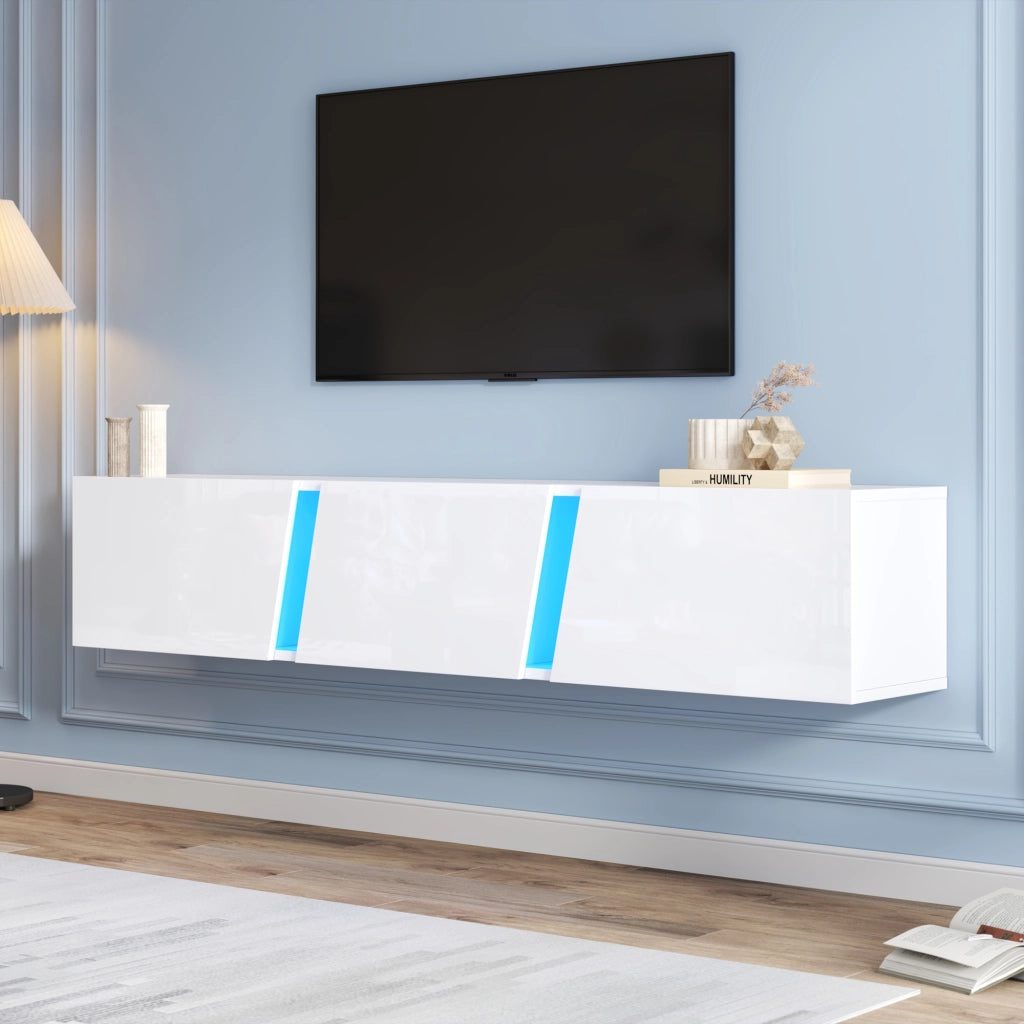 Mobile TV a Parete con LED ¨C MINIMAL ¨C Bianco Lucido, 3 Ante, 180x35x30 cm