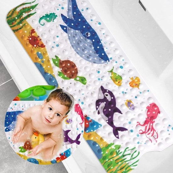 Mat per Bagno Antiscivolo per Bambini - Disegno Cartone - Lunghezza Extra - 40 x 100 cm - Con Zoccolo e Fessure di Scarico - Per Bambini e Neonati