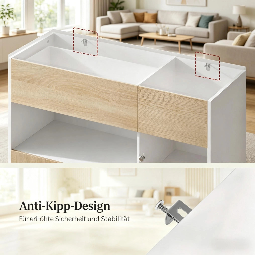 Credenza e madia con vano aperto e anta acrilica, in legno ingegnerizzato, bianco e rovere chiaro, 100 × 40 × 80 cm