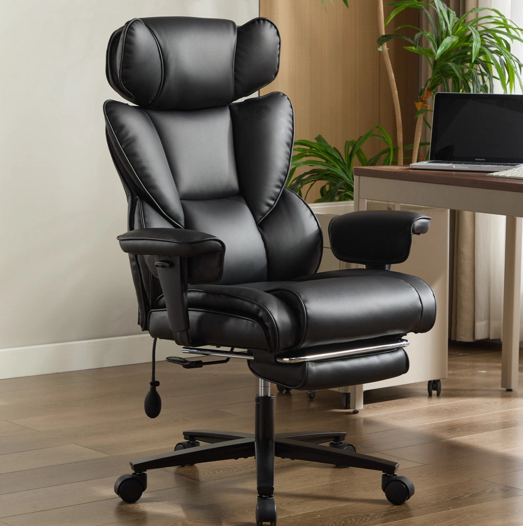 Sedia da Ufficio in Pelle PU Reclinabile 90-130°; Nera; per Studio e Home Office