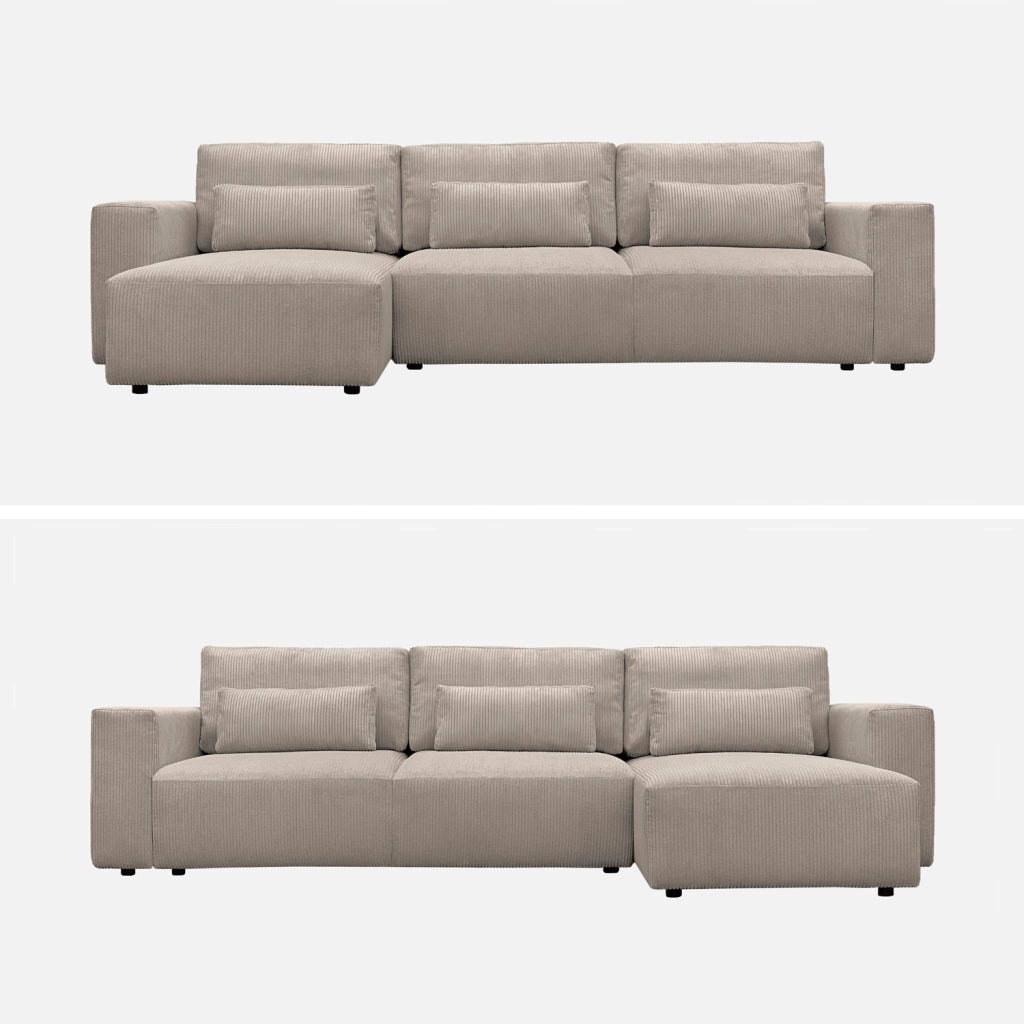 Divano letto angolare reversibile con contenitore in velluto a coste,