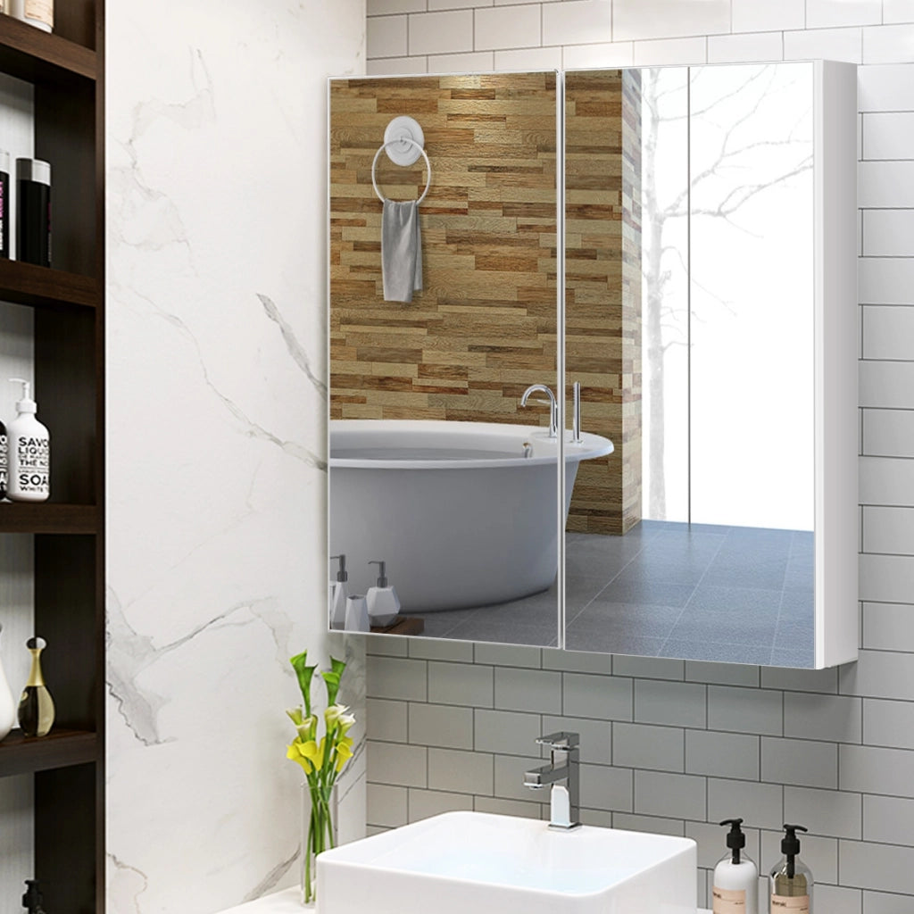 Armadietto da bagno a 2 ripiani con specchio, Armadietto da parete 62x11x65cm Bianco