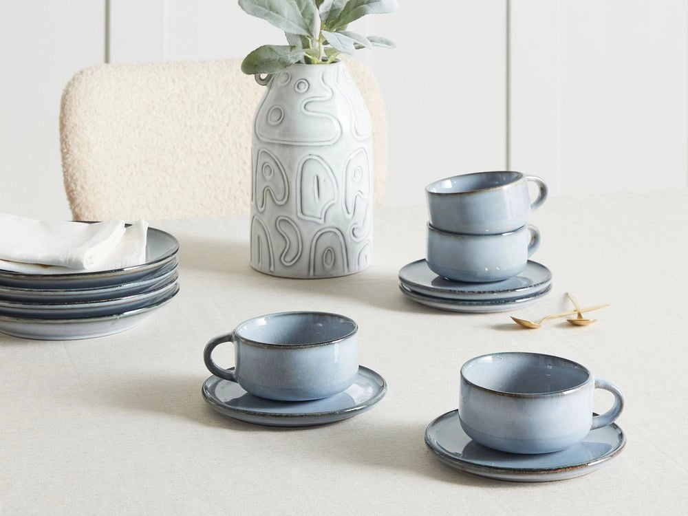 Set di 4 tazze con piattini Gres blu chiaro con finitura in smalto reattivo fatto a mano Servizio per 4 persone Tè Caffè Cucina Sala da pranzo