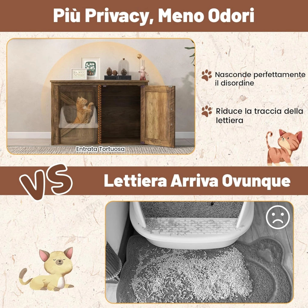 Mobile Lettiera per Gatti in Legno con Piano Ampio e Apribile, Interno Sapzioso e Divisorio Rimovibile, Casetta per Gatti da Interno in Stile Fienile con 2 Ingressi, 80 x 54 x 53,5 cm