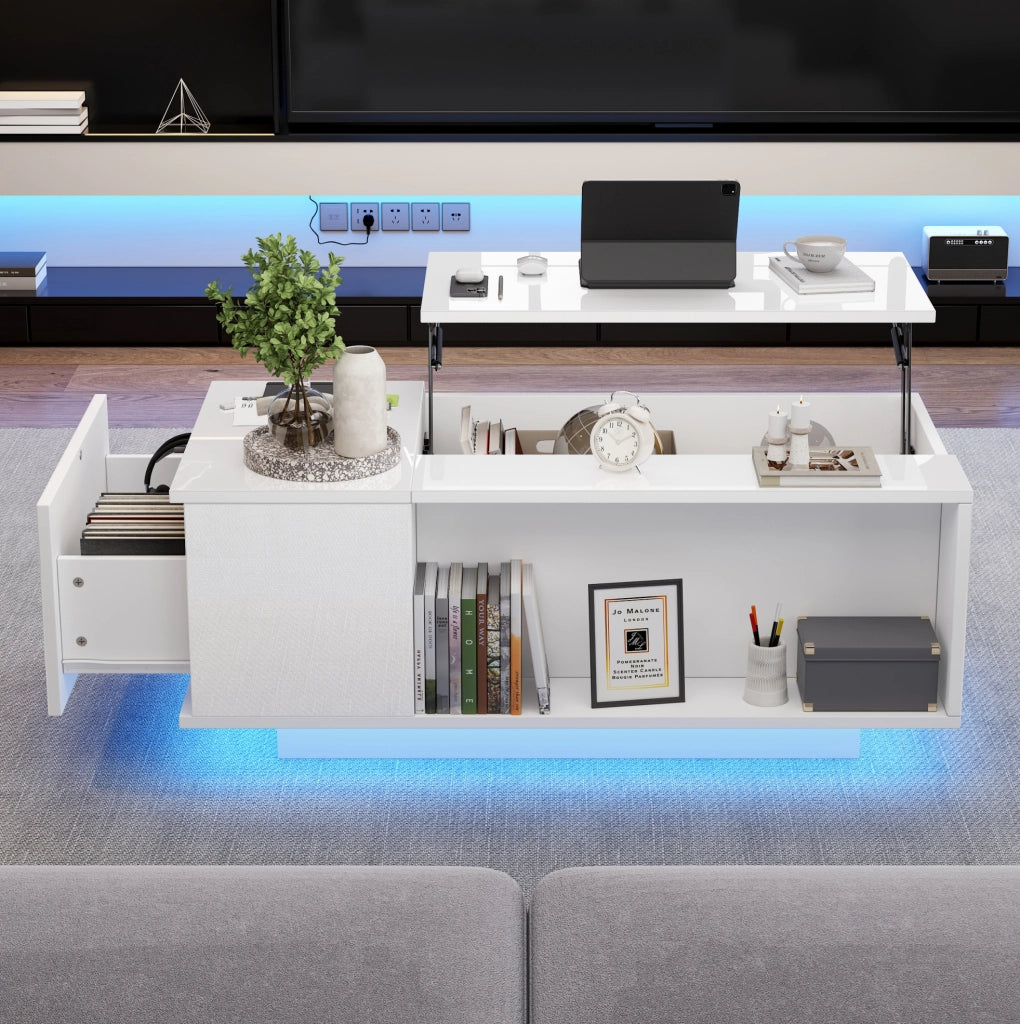 Tavolino da caffè alzabile 100x50x40 cm con contenitore; cassetto e LED Bluetooth; bianco
