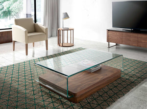 Tavolino rettangolare in vetro temperato e noce