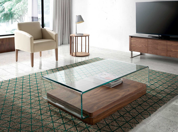 Tavolino rettangolare in vetro temperato e noce