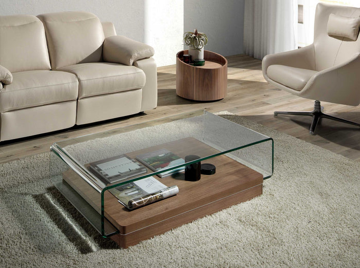 Tavolino rettangolare in vetro temperato e noce