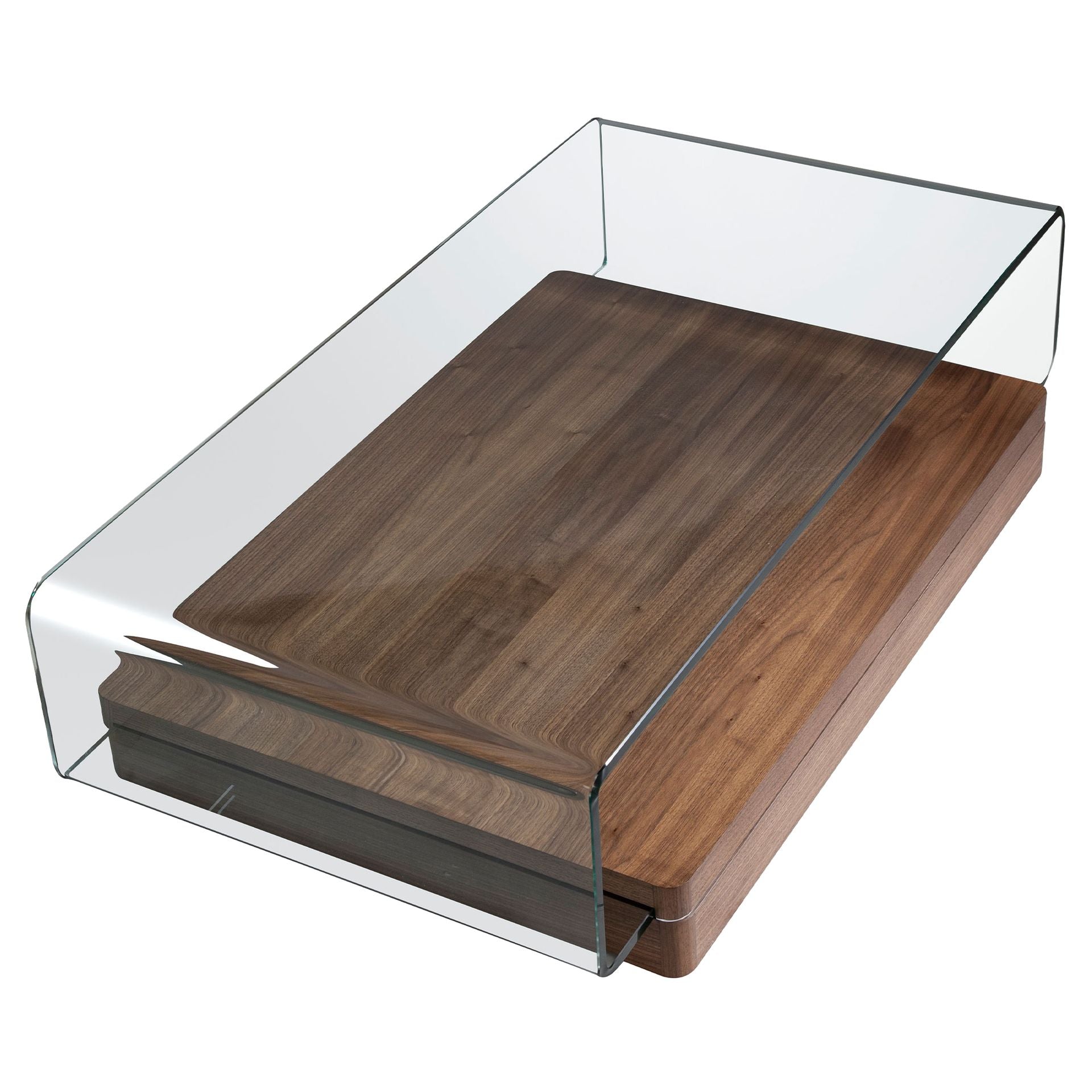 Tavolino rettangolare in vetro temperato e noce