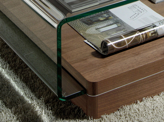 Tavolino rettangolare in vetro temperato e noce