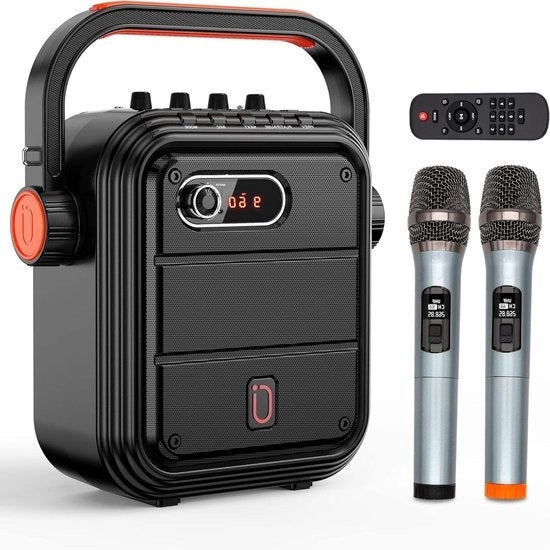 Impianto di karaoke per adulti con 2 microfoni UHF a onde radio trasmissibili con cinturino Bluetooth, altoparlante portatile con suono HD, supporto PA, connessione TWS radio, ingresso AUX, registrazione, bassi e alti per feste e riunioni.