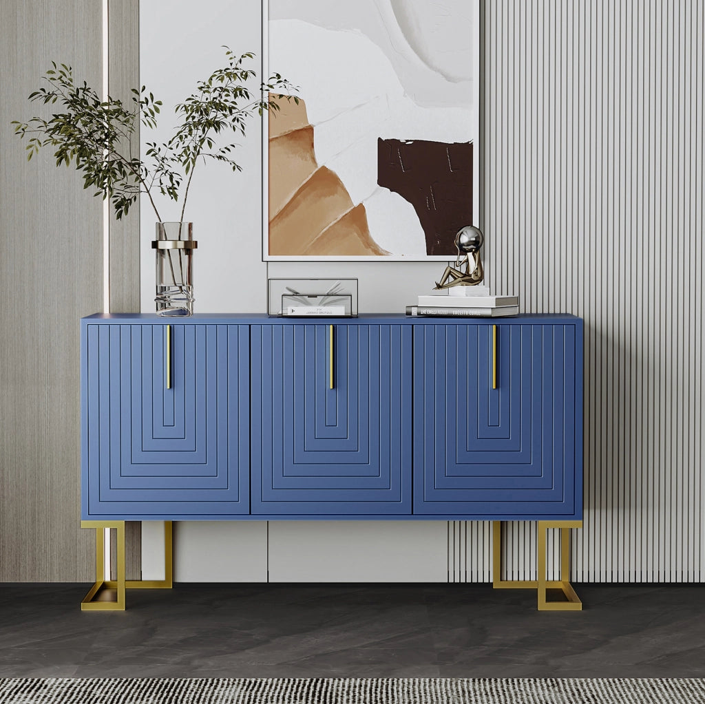 Credenza moderna 3 ante blu navy con ripiani regolabili; maniglie dorate e base in metallo