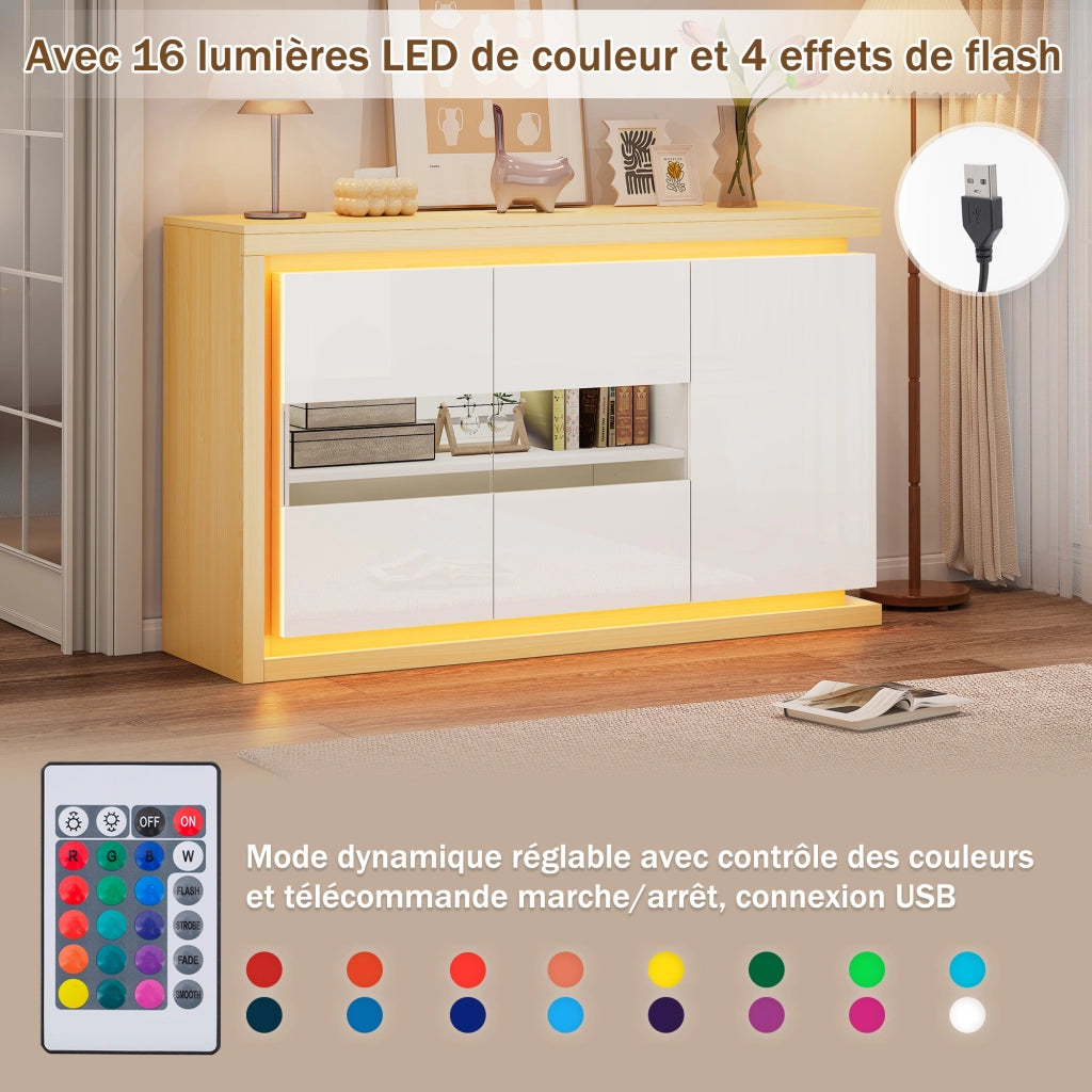 Credenza con 3 ante e ripiani regolabili; illuminazione LED per soggiorno ingresso e ufficio 140 x 40 x 84 cm bianco