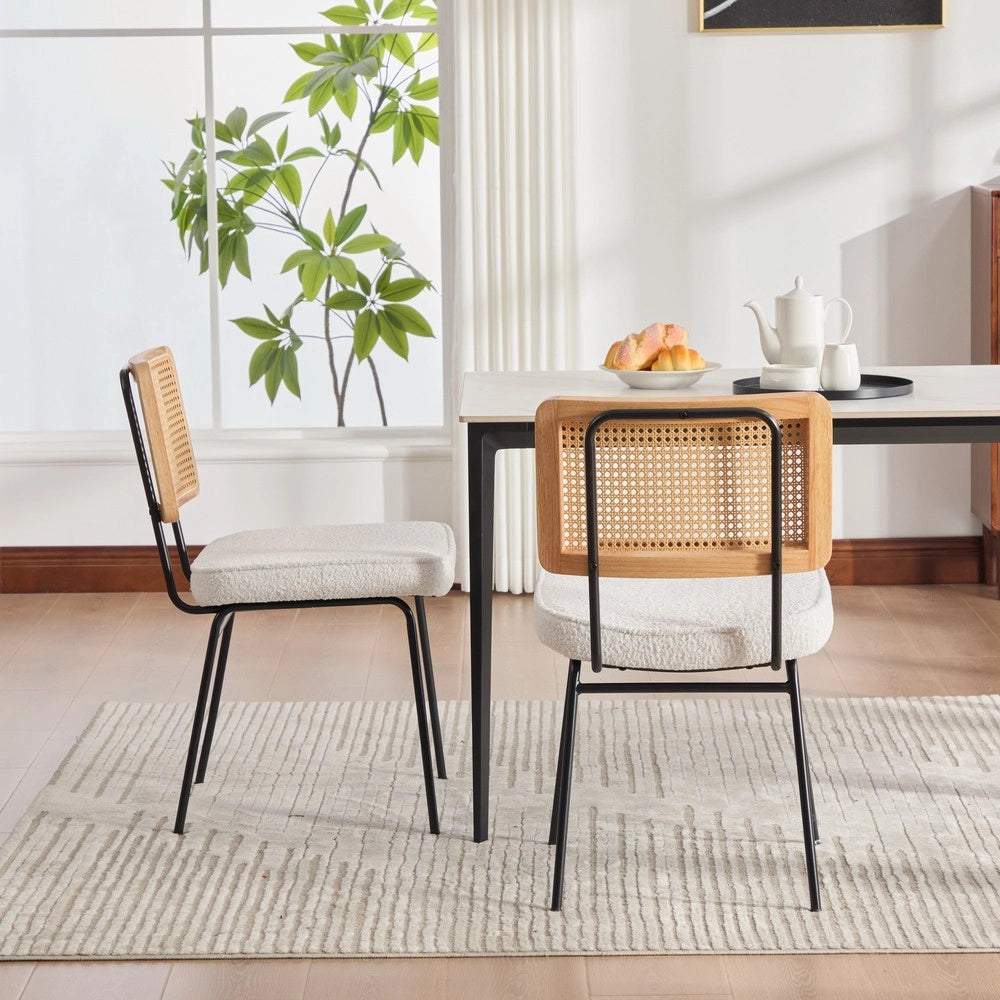 Sedie da Pranzo Set 2 Pezzi ¨C MINIMAL ¨C Velluto Chenille, Schienale Legno Massello, Gambe Metallo, Effetto Rattan, Avorio