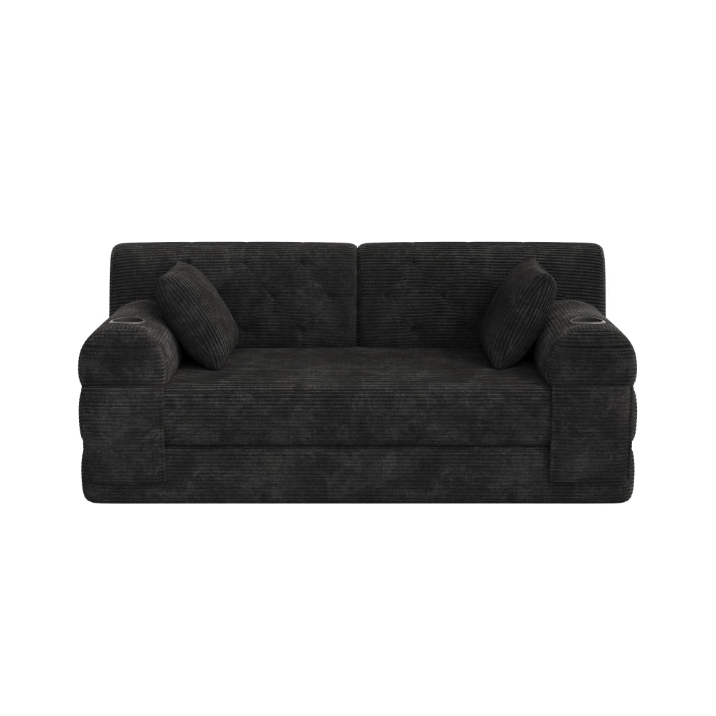 Divano letto a 2 posti con schienale alto, tasche laterali e 2 portabicchieri in velluto a coste nero 168 × 80 × 81 cm
