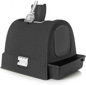 Curver Keter Lettiera per Gatti Petlife con coperchio, lettiera con paletta, moderno effetto rattan intrecciato, antracite, 51,5 x 38,5 x 40 cm