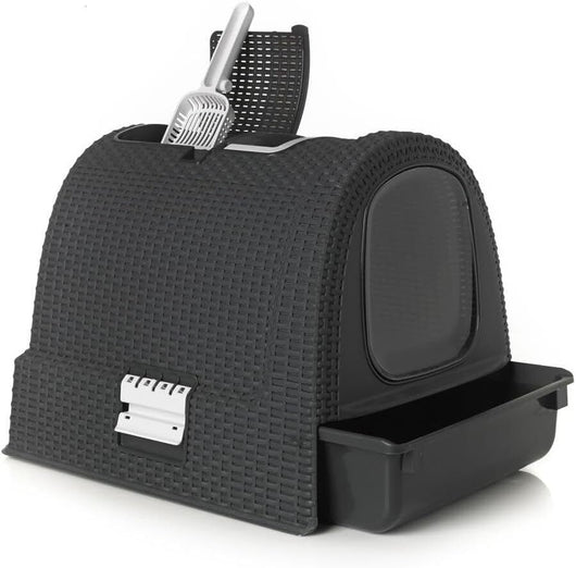 Curver Keter Lettiera per Gatti Petlife con coperchio, lettiera con paletta, moderno effetto rattan intrecciato, antracite, 51,5 x 38,5 x 40 cm