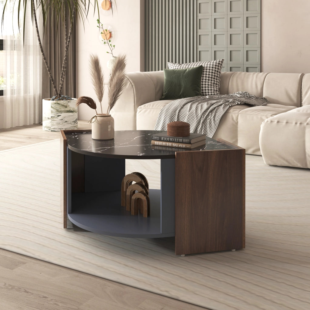 OKWISH Tavolino da Salotto Rettangolare con Vano Contenitore, Effetto Marmo Nero e Noce, Nero, 96.5×63×40 cm
