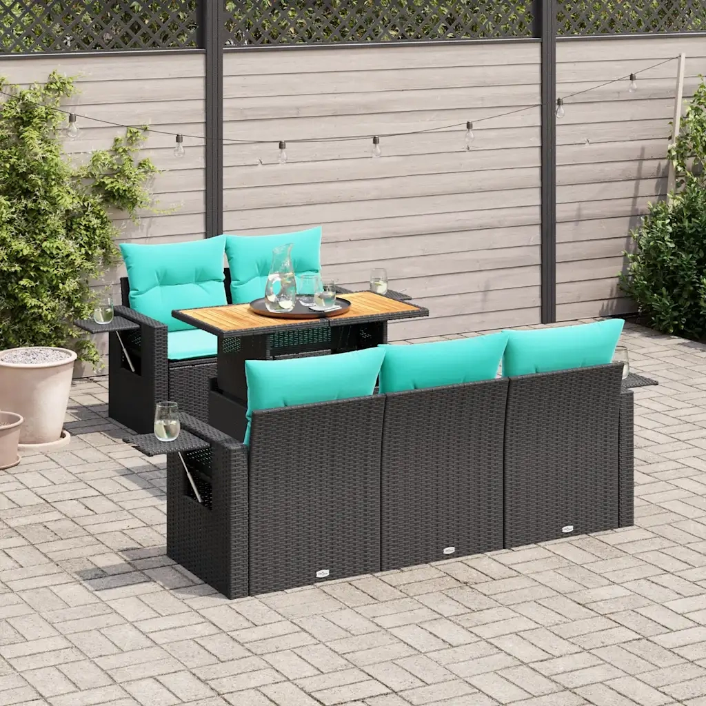 Set Divano da Giardino 6 pz con Cuscini Nero in Polyrattan