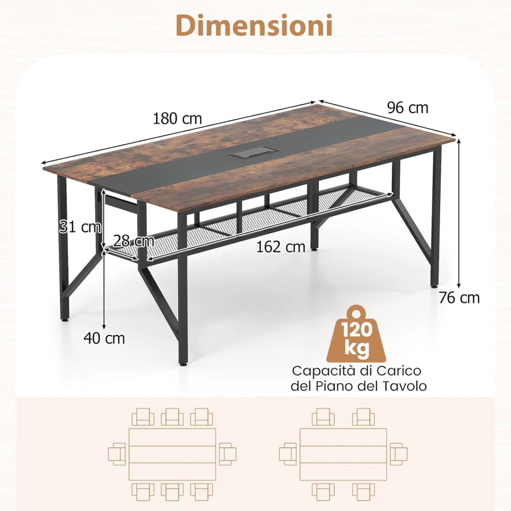 Tavolo da Conferenza per 6-8 Persone, Tavolo Rettangolare per Riunioni con Ripiano Portaoggetti in Rete, Passacavi e Struttura Metallica, Mobile da Seminari per Ufficio e Sala Riunione