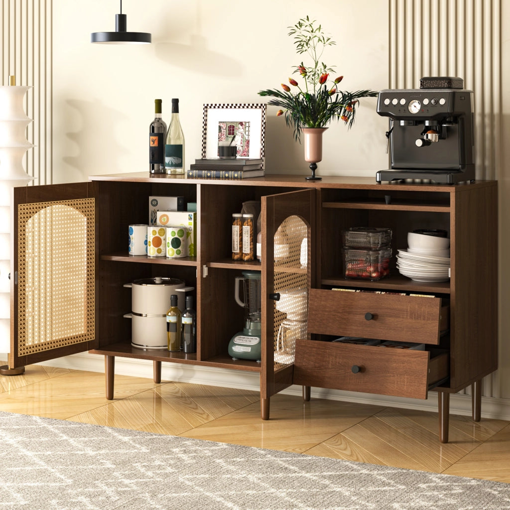 Credenza e Madia con 2 Ante in Rattan; Ripiani Regolabili; Stile Country; in Pannelli di Particelle; Legno; 130×40×75;5 cm
