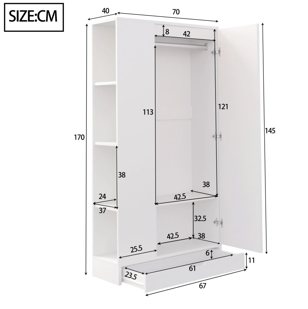 Armadio guardaroba a un'anta con ripiani regolabili 70x40x170 cm; bianco