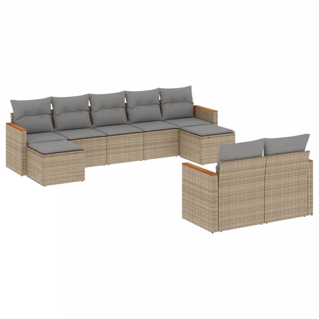 Set Divano da Giardino 9 pz con Cuscini Beige in Polyrattan