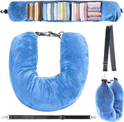 Cuscino di viaggio espandibile con cintura regolabile e zona di stoccaggio supplementare (blu celeste)