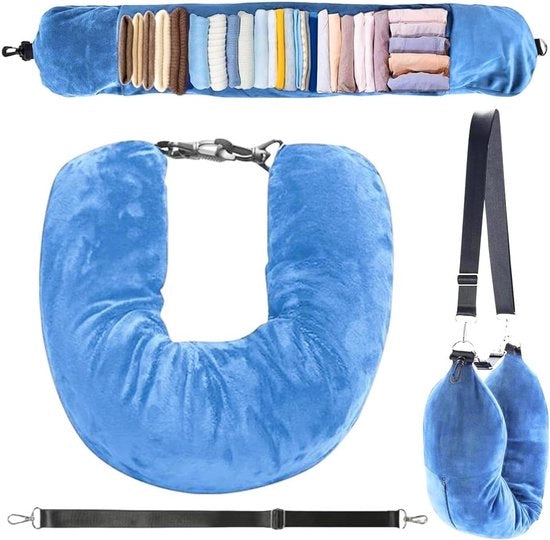 Cuscino di viaggio espandibile con cintura regolabile e zona di stoccaggio supplementare (blu celeste)