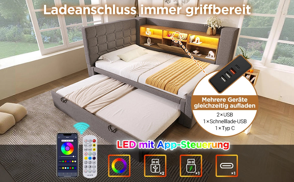 Letto Imbottito con Letto Estraibile e LED ¨C MINIMAL ¨C Grigio, Tessuto Lino, 90x200 cm