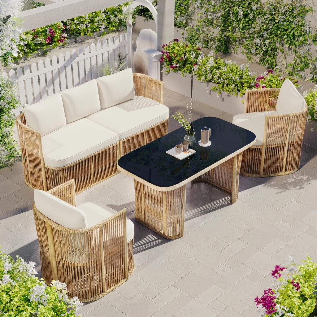 OKWISH Salotto da Giardino 5 Pezzi, Divano 3 Posti con 2 Poltrone e Tavolo in Vetro Temperato, Metallo Poliestere Beige