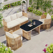 OKWISH Salotto da Giardino 5 Pezzi, Divano 3 Posti con 2 Poltrone e Tavolo in Vetro Temperato, Metallo Poliestere Beige