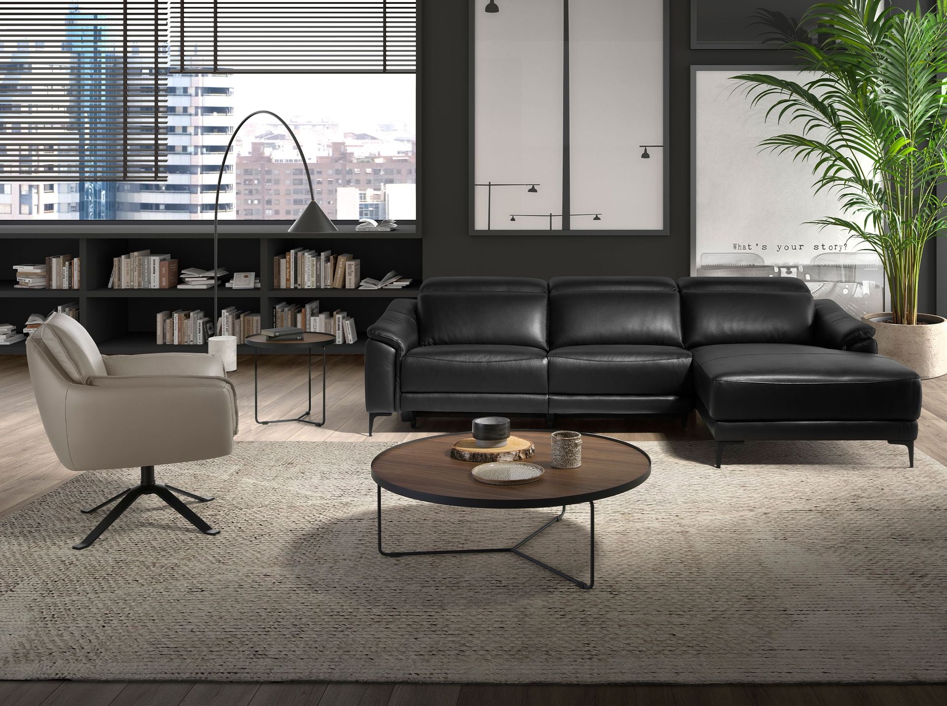 Tavolino rotondo in noce e acciaio nero