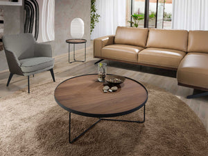 Tavolino rotondo in noce e acciaio nero