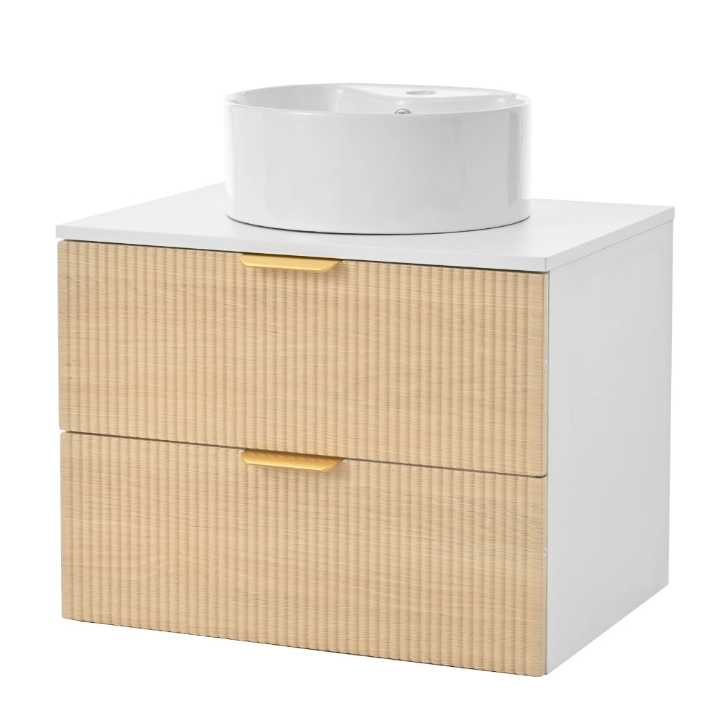 Mobile Bagno Sospeso 60 cm con Lavabo in Ceramica Rotondo e Cassetti Effetto Legno