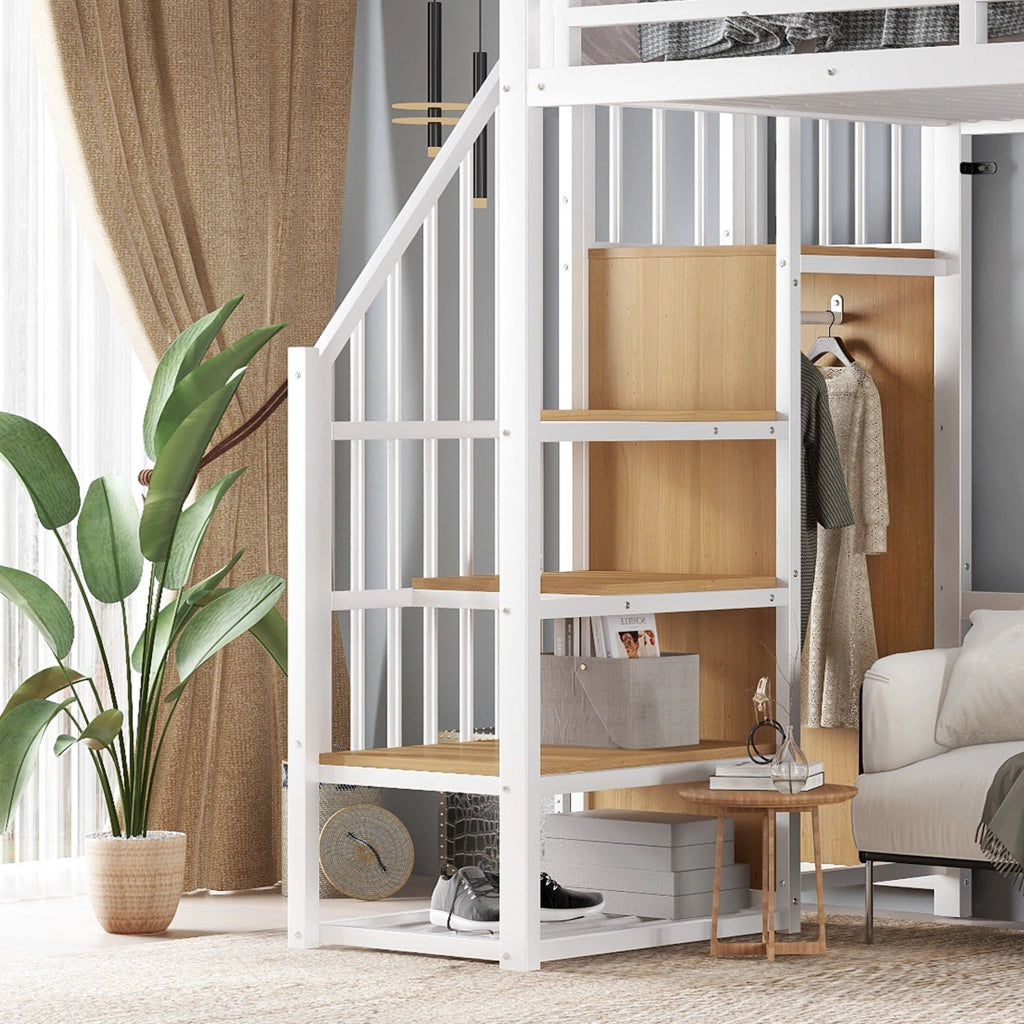 DESMIU Letto a soppalco singolo con armadio ad angolo, scaffale con ruote e barriera 90 × 200 cm, senza materasso
