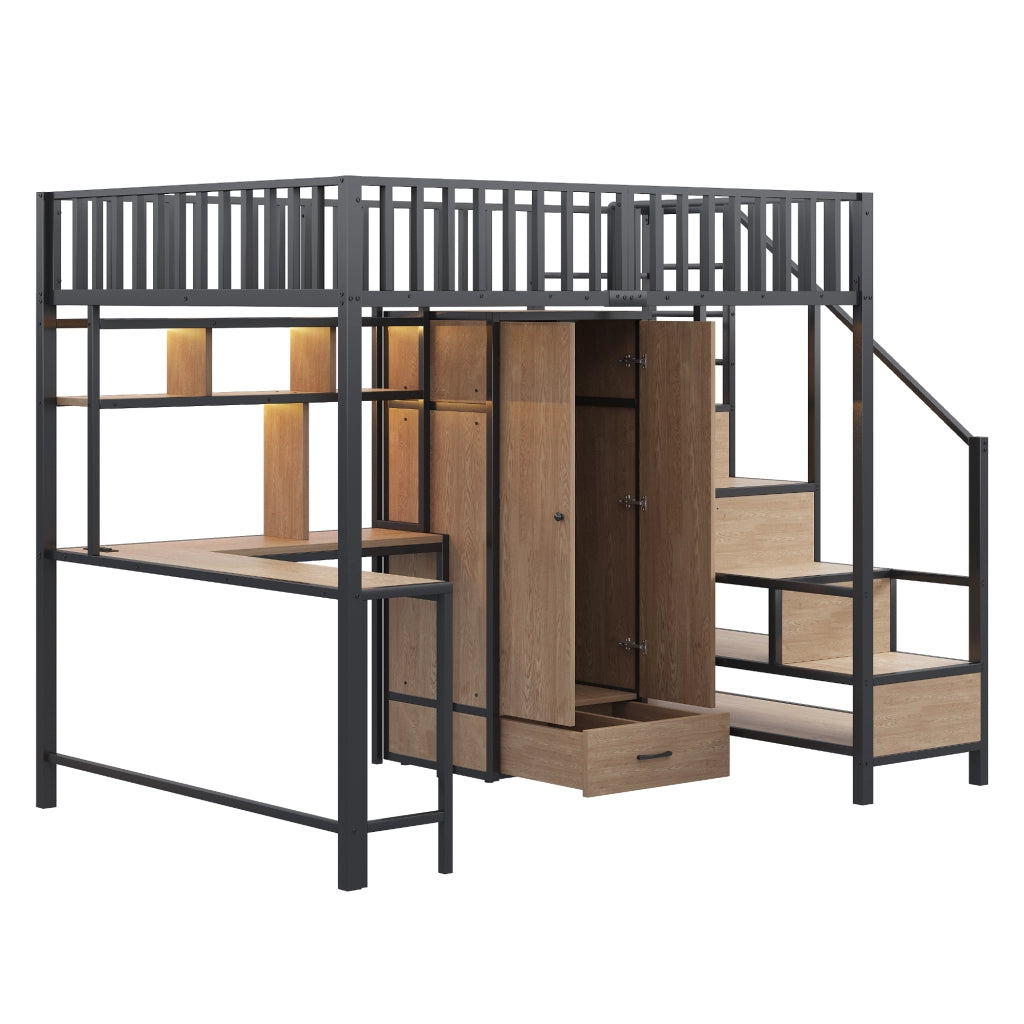 DESMIU Letto a soppalco matrimoniale con scrivania, armadio, cassetti, LED, USB e Type-C 140 × 200 cm senza materasso