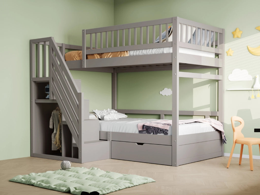 DESMIU Letto a castello 90 × 200 cm 2 posti con scala contenitore e cassetto, senza materasso, in legno, grigio